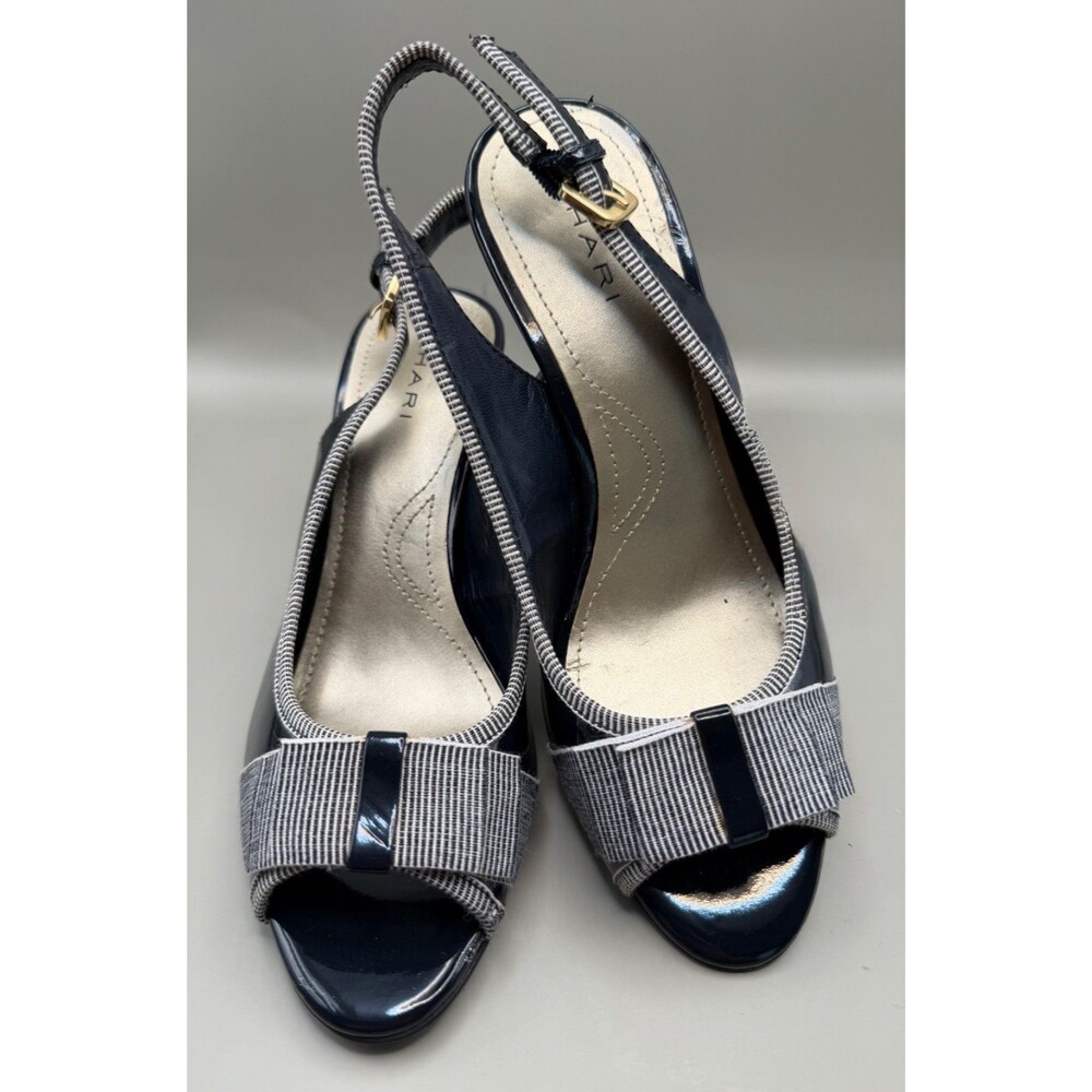 Tahari Diane Womens Size 6.5 Navy Patent Leather Peep-Toe Pumps Striped